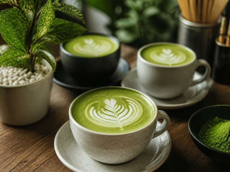 matcha drinks with latte art and preparation tools on wooden table