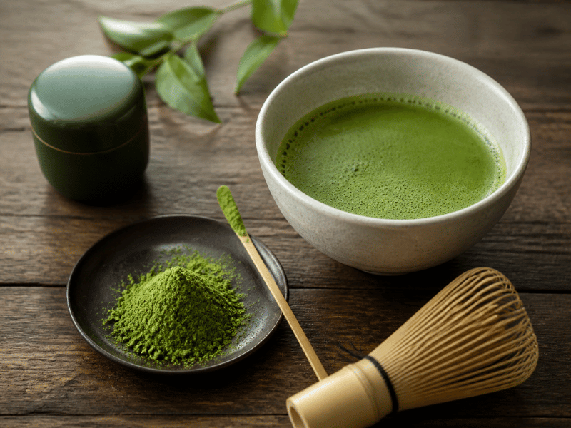 matcha powder, bowl, whisk, and tins on wooden tabletop