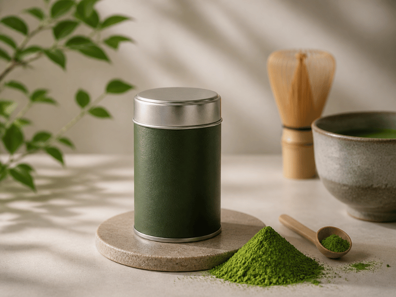 matcha tins, powder, and bamboo whisk on wooden tabletop