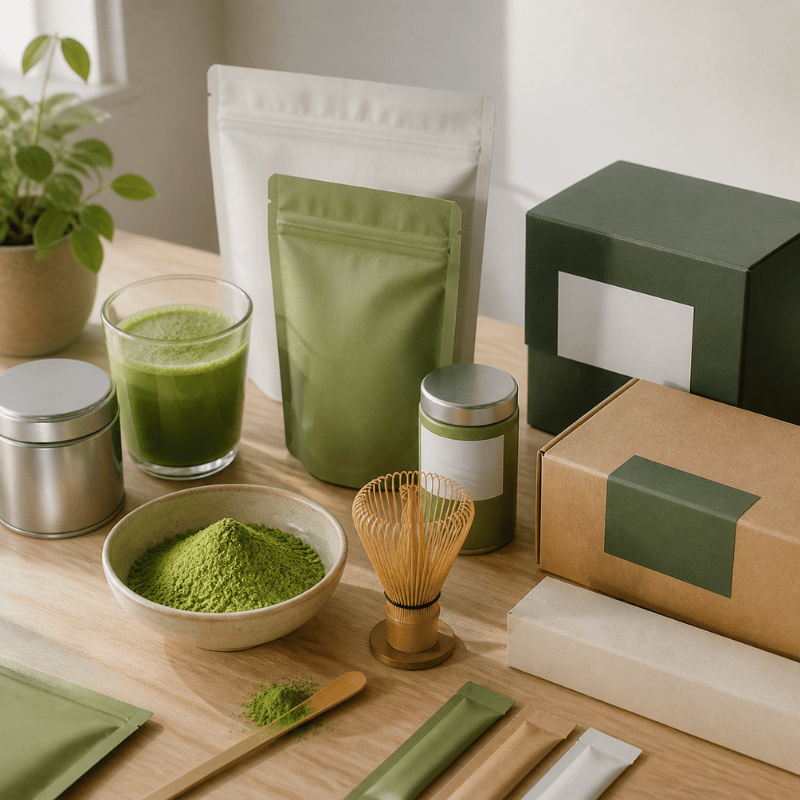 Premium Matcha Product Layout - Premium Bulk Matcha Powder Supplier from China. matcha tins, pouches, bowls, and preparation tools arranged on table
