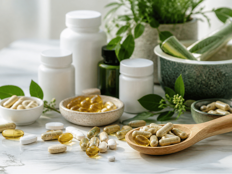 laboratory setup with matcha powder, capsules, and testing instruments