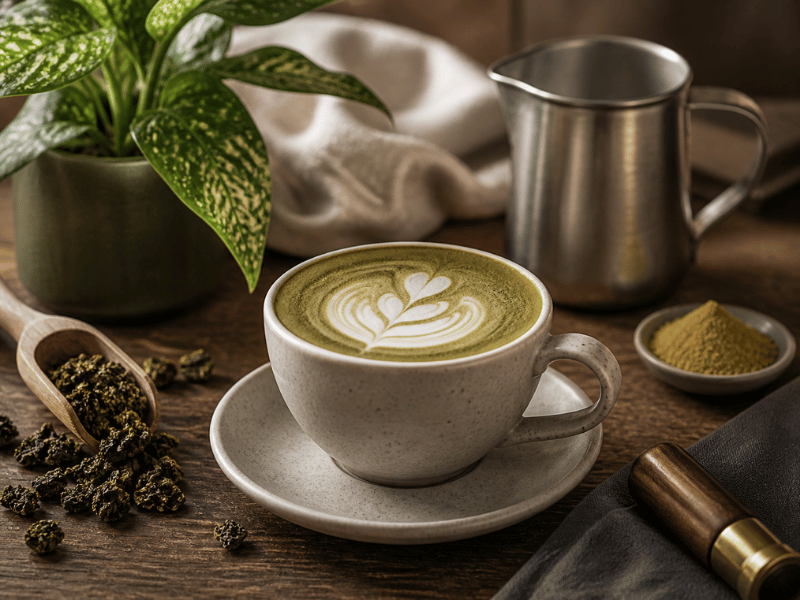 oolong tea latte premium cafe beverage smooth foam drink