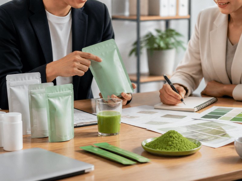 B2B meeting – reviewing instant tea product samples and packaging mockups