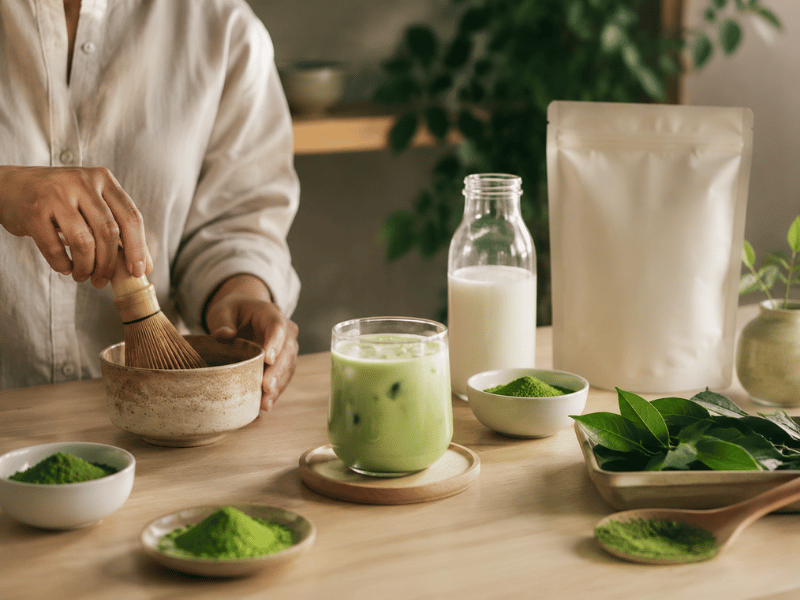 R&D lab team preparing matcha powders for prototype trials