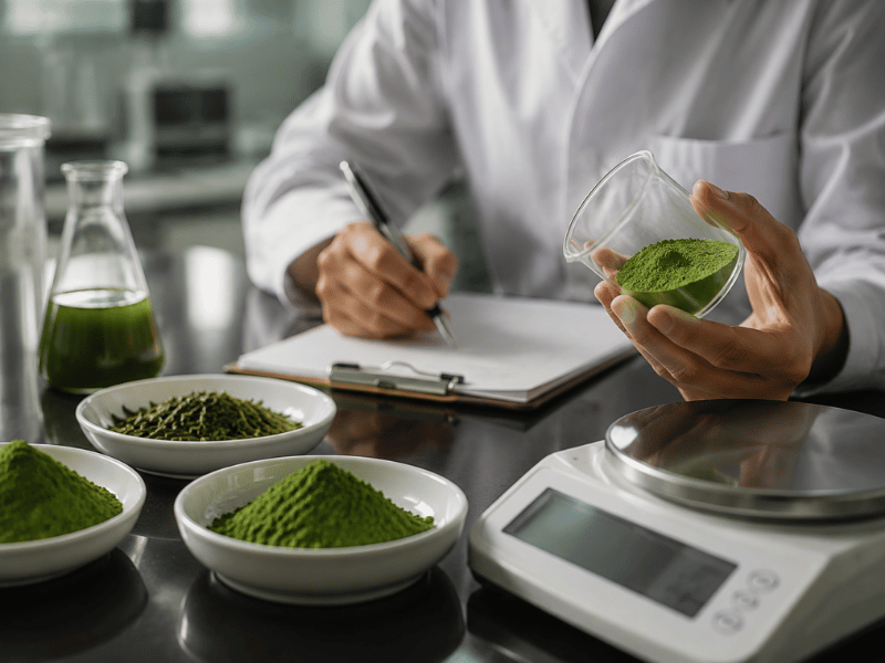 Lab technician measuring matcha powder — precise formulation process