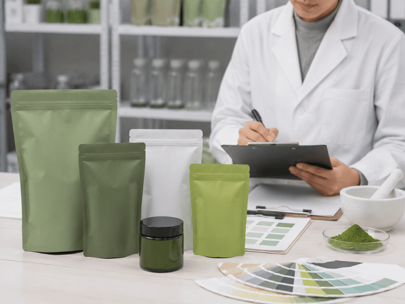 Matcha packaging and tea powder samples on desk — product planning