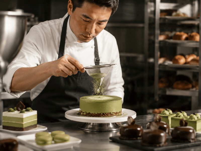 chef preparing matcha dessert