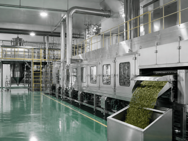 automated spray-dry production line producing bottled tea – industrial factory