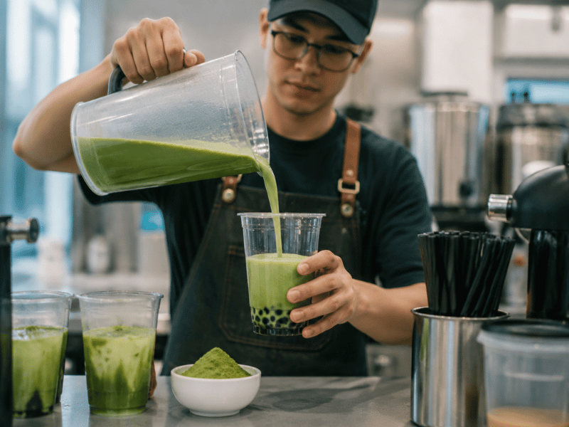 Private label matcha powders with packaging on desk