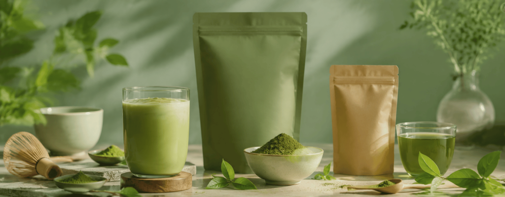 Ready-to-Ship Private Label Matcha Products - Premium Bulk Matcha Powder Supplier from China. Assorted matcha powders, tins, and pouches — final packaging setup