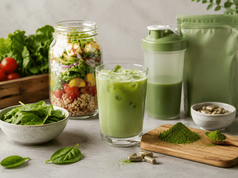 Matcha powder-based smoothies and salads — fresh and healthy beverage options