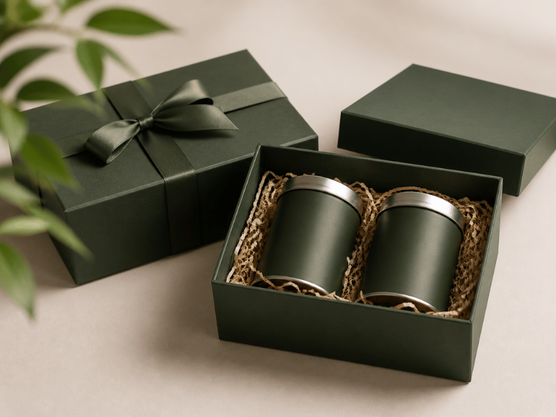 gift box set with matcha tins on beige background