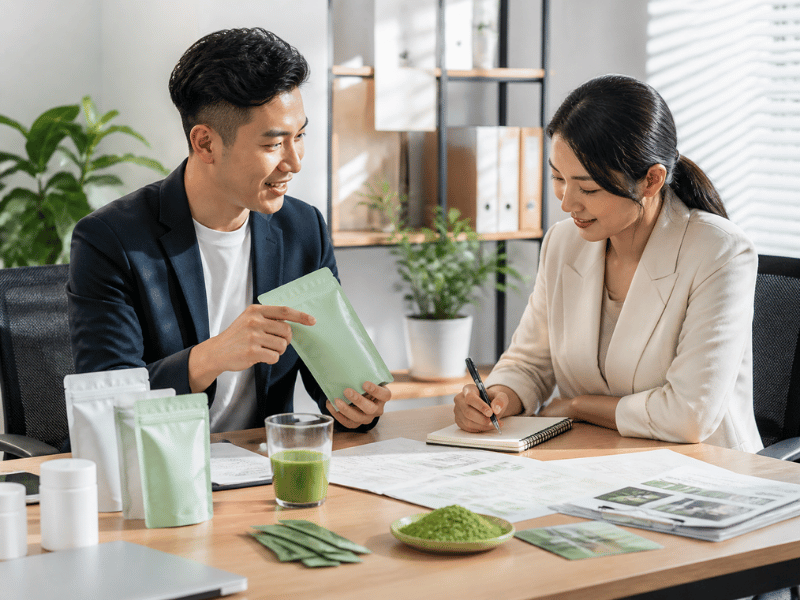 B2B meeting between entrepreneurs discussing instant tea brand and packaging