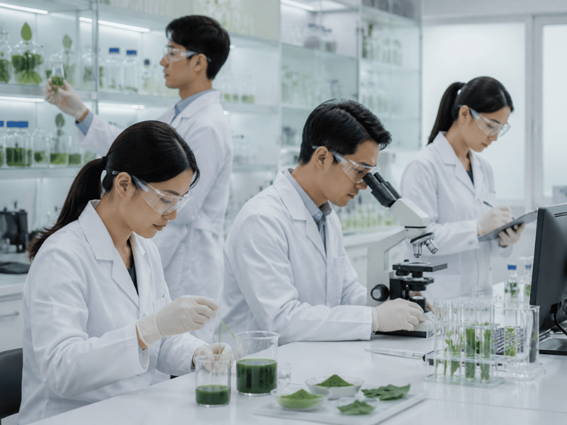 R&D lab with multiple technicians working on matcha prototypes