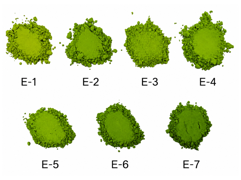 AdoroHumatcha EU grade matcha powder colour spectrum from E-1 to E-7