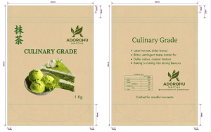 AdoroHu matcha culinary grade packaging front with dessert application design