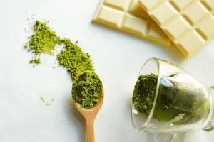 Matcha powder used with chocolate showing baking and food ingredient application