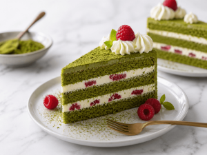 Matcha layered cake slice showing premium dessert application with vibrant color