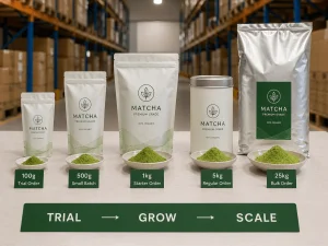 Matcha powder product range from trial to bulk supply showing scalable production capability