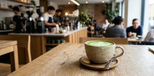 Matcha latte served in coffee shop showing beverage application for matcha powder