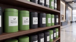 Retail display of premium matcha tins – B2B wholesale presentation