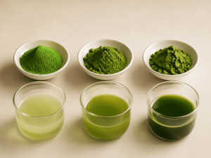 Matcha tea samples in small bowls — testing for consistency and quality