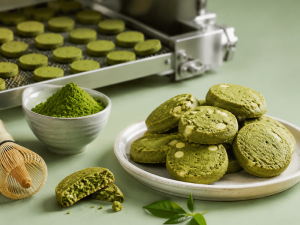 Baked matcha cookies and bowls of matcha powder — culinary showcase