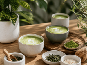 custom instant tea powder blend with fresh ingredients in jar and spoon