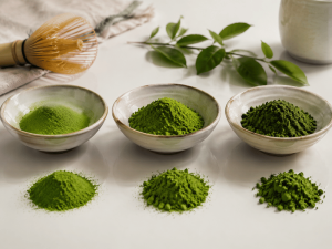 Various grades of matcha powder displayed in bowls — private label production