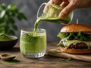 green tea beverage being poured into glass next to burger