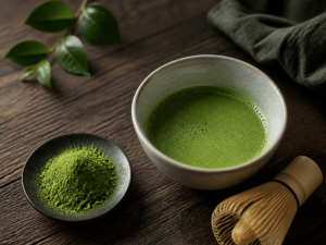ceramic bowl of matcha powder with bamboo whisk and container