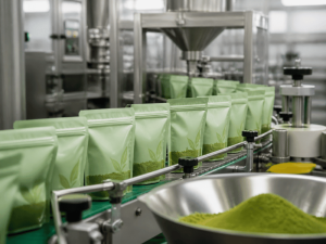 packaged instant tea powders ready for distribution – clean factory setting