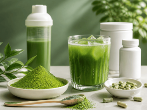 green tea powder, supplements, and prepared green tea drink – clean presentation for B2B