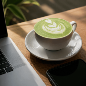 barista preparing iced matcha latte using custom instant tea powder
