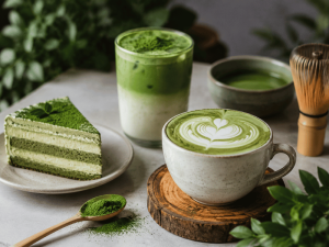 Matcha desserts — cake, mousse, and latte — product development examples