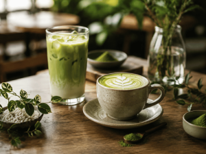 Matcha beverages in cups with latte art — functional beverage prototype