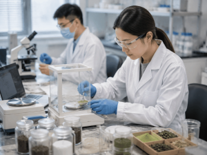 Laboratory team testing matcha powders in white coats — R&D and quality control