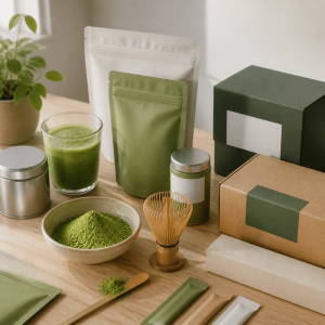 matcha tins, pouches, bowls, and preparation tools arranged on table