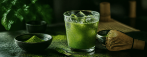 matcha powder, bamboo whisk, and prepared drink on dark background