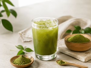 glass of iced green tea with matcha powder