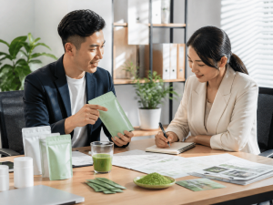 B2B meeting between entrepreneurs discussing instant tea brand and packaging